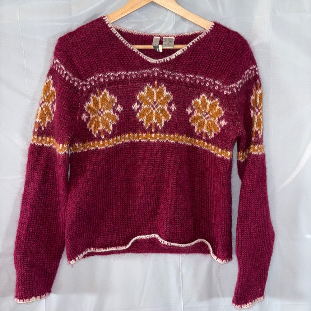 Vtg Twiggy Mohair Blend Fair Isle Snowflake Sweater Small Burgundy V-Neck Cozy
